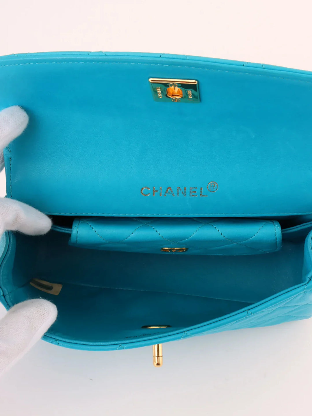 Chanel Around 1990 Made Turn-Lock Bijoux Chain Bag Turquoise Blue