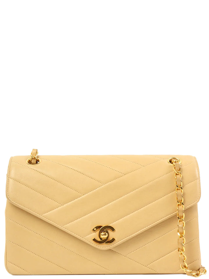 Chanel Around 1995 Made Chevron Stitch V New Turn-Lock Chain Bag Beige
