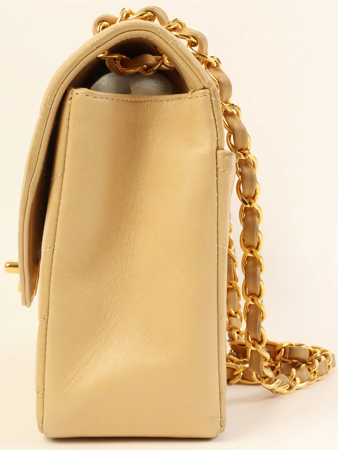 Chanel Around 1995 Made Chevron Stitch V New Turn-Lock Chain Bag Beige