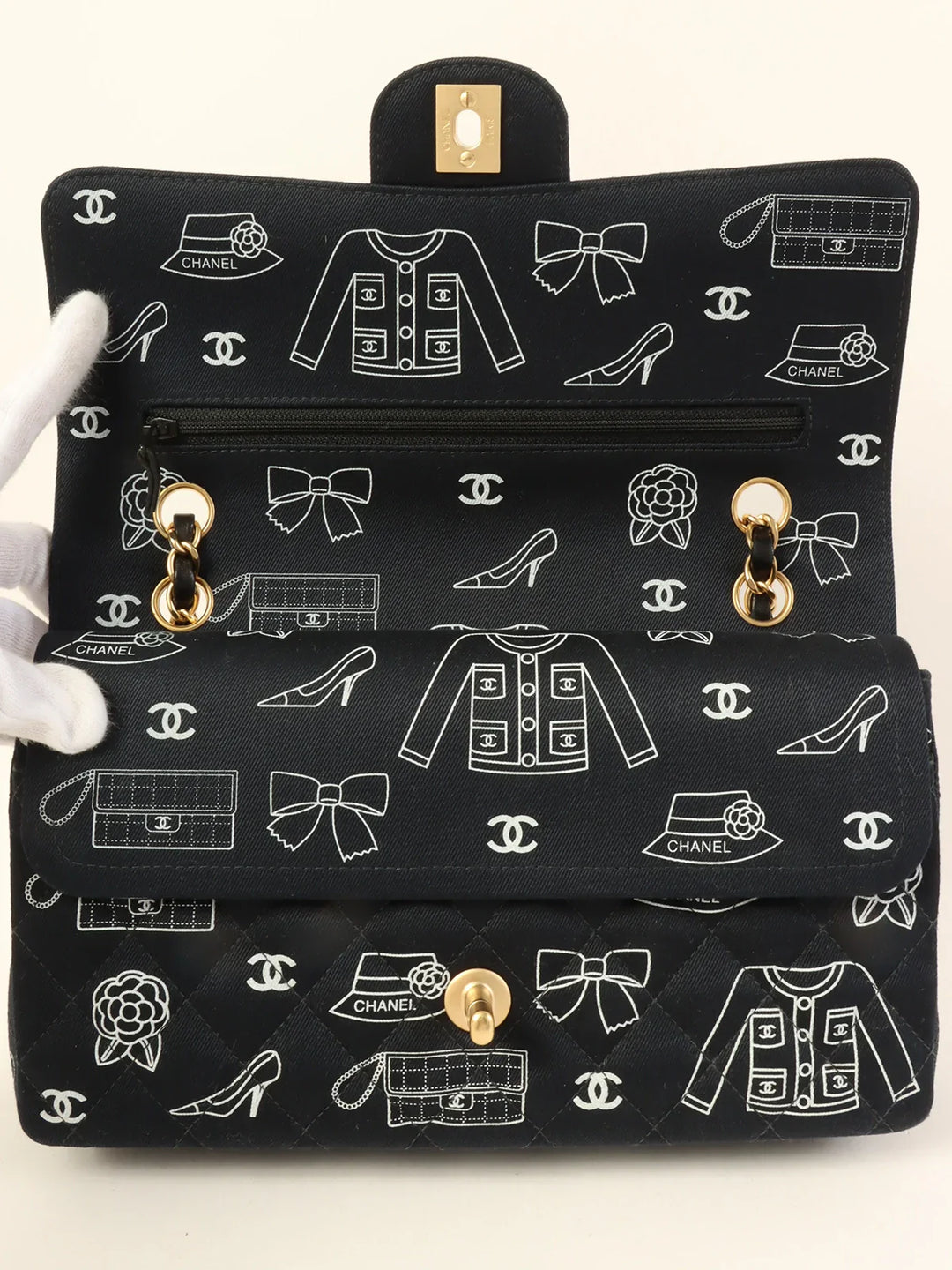 Chanel Around 2001 Made Canvas Cc Mark Multi Print Classic New Chain Bag 25Cm Navy