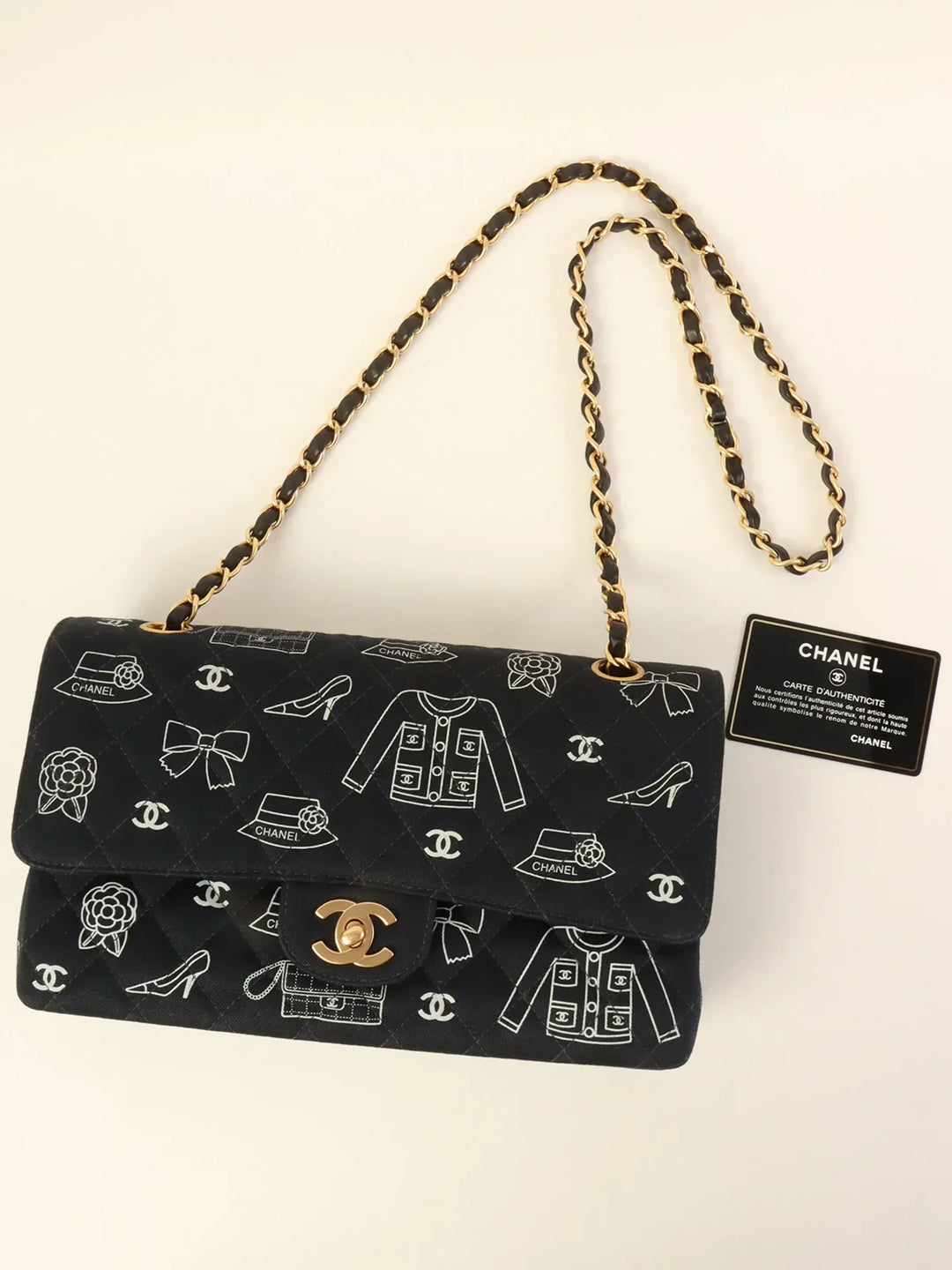 Chanel Around 2001 Made Canvas Cc Mark Multi Print Classic New Chain Bag 25Cm Navy