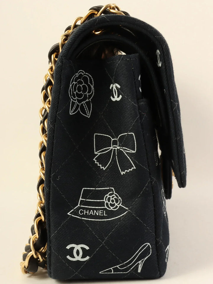 Chanel Around 2001 Made Canvas Cc Mark Multi Print Classic New Chain Bag 25Cm Navy