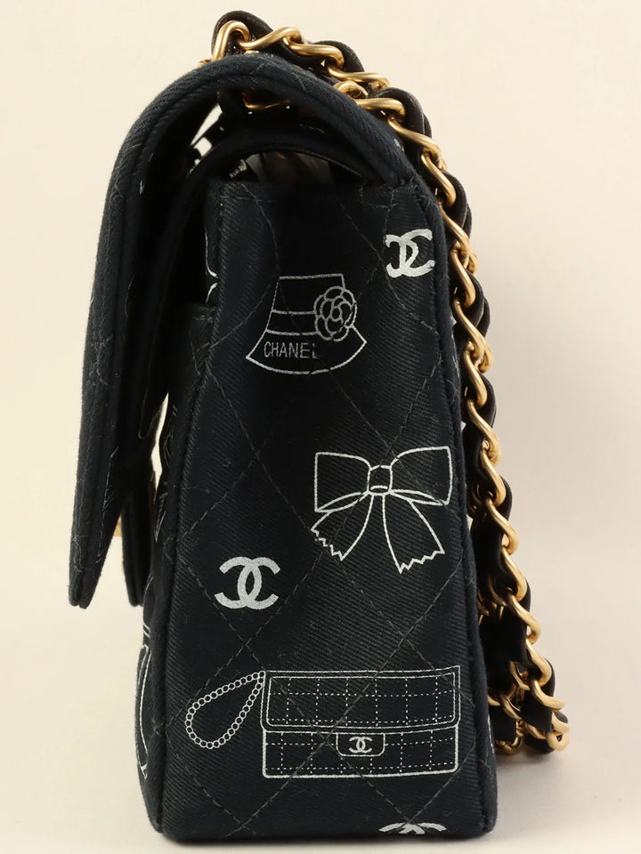 Chanel Around 2001 Made Canvas Cc Mark Multi Print Classic New Chain Bag 25Cm Navy