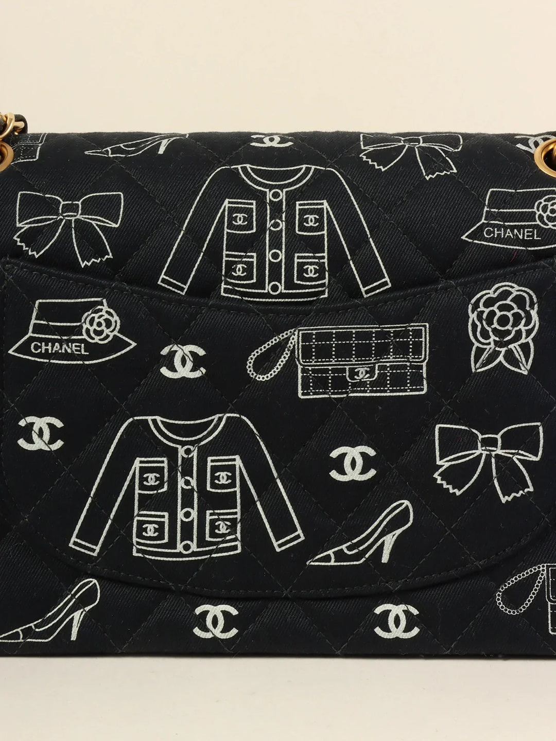Chanel Around 2001 Made Canvas Cc Mark Multi Print Classic New Chain Bag 25Cm Navy