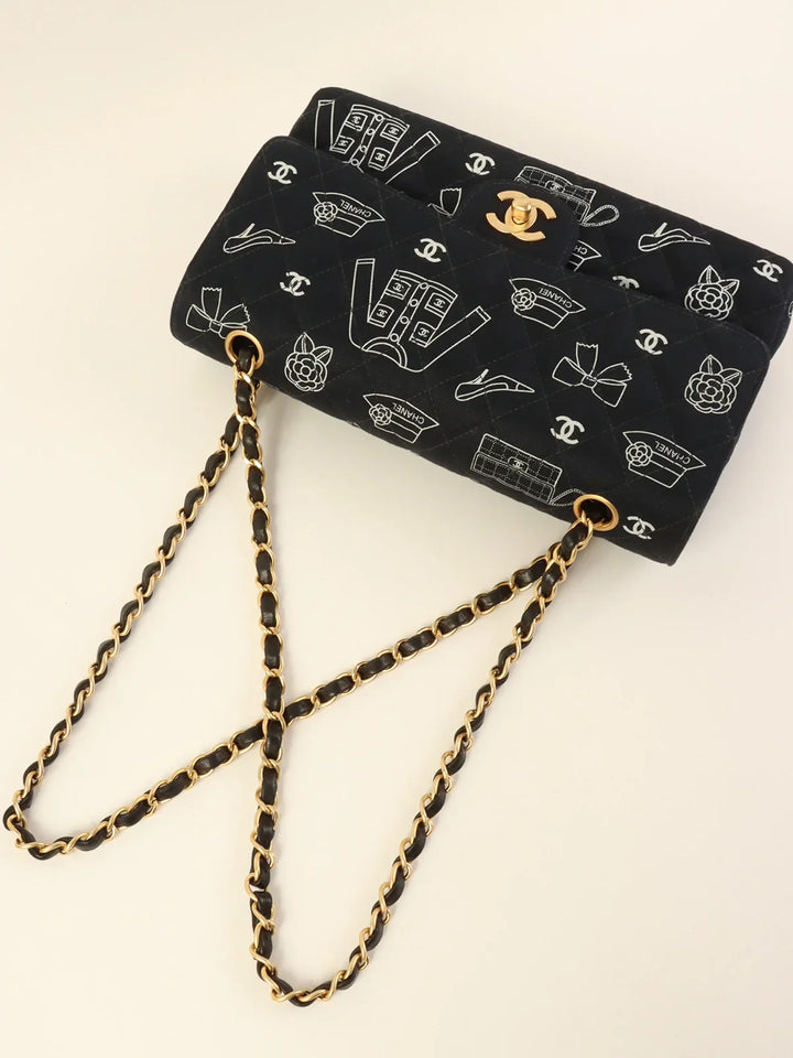 Chanel Around 2001 Made Canvas Cc Mark Multi Print Classic New Chain Bag 25Cm Navy