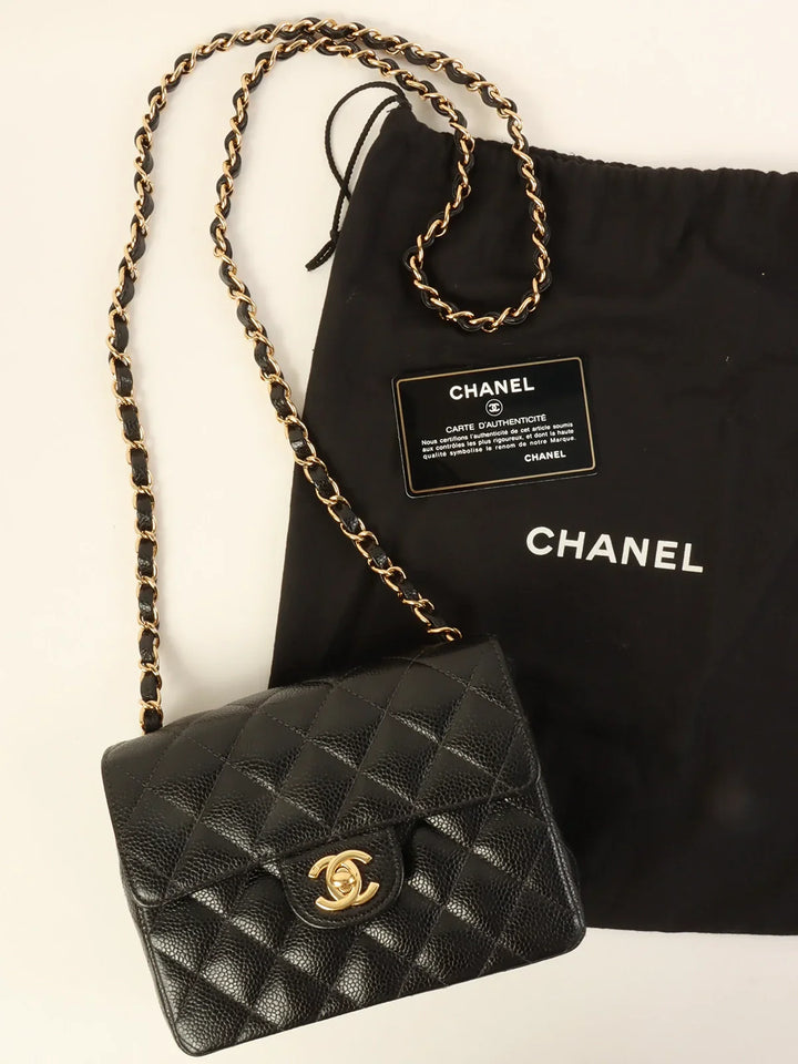 Chanel Around 2003 Made Caviar Skin Classic New Chain Bag Mini Black