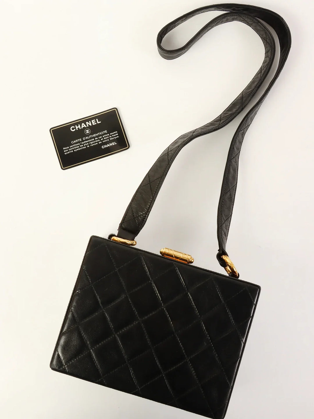 Chanel Around 1990 Made Cc Mark Stitch Metal Clasp Box Shouder Bag Black