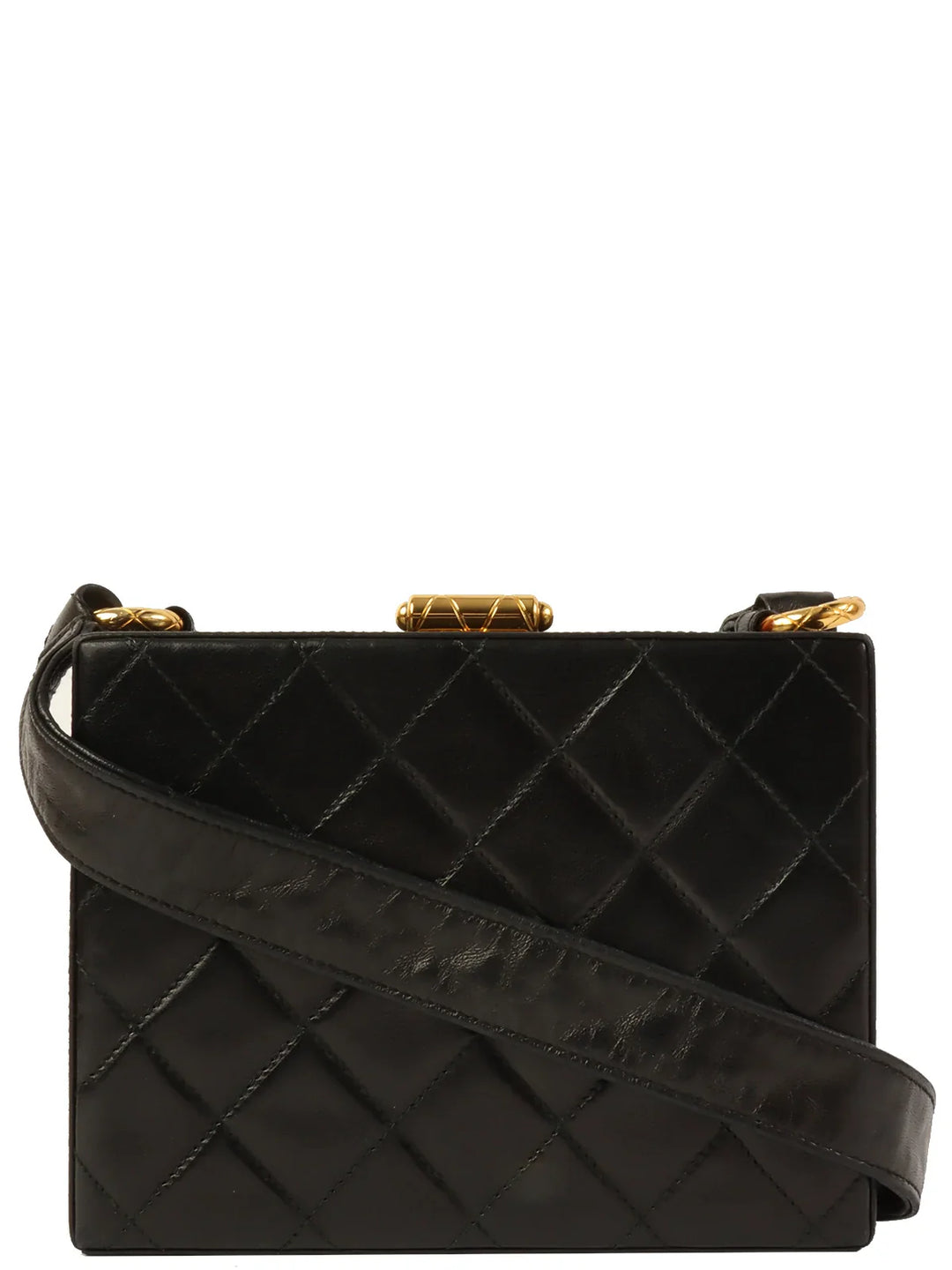 Chanel Around 1990 Made Cc Mark Stitch Metal Clasp Box Shouder Bag Black