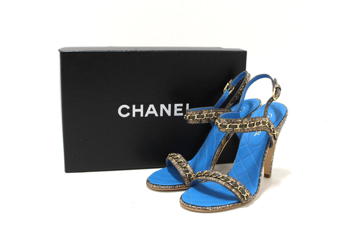 NEW Top Quality Chanel Blue Leather and Tweed Chain Strap Sandal Heel Shoes Size 37