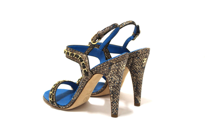 NEW Top Quality Chanel Blue Leather and Tweed Chain Strap Sandal Heel Shoes Size 37