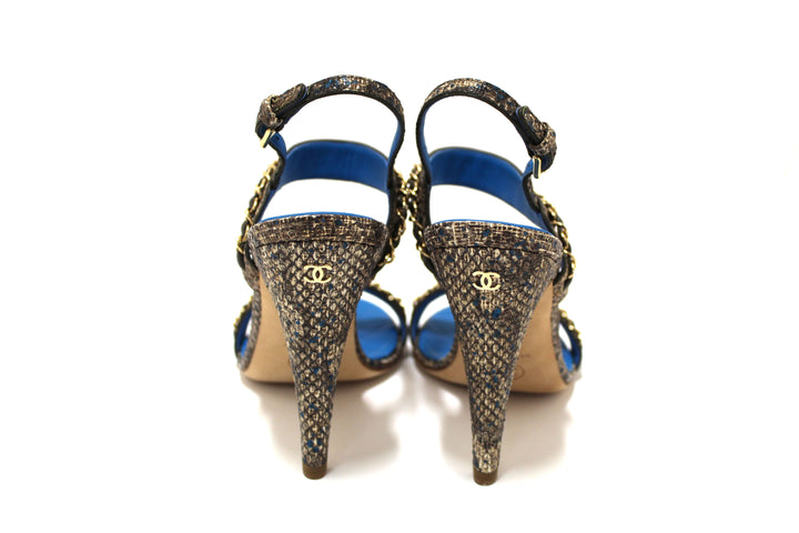 NEW Top Quality Chanel Blue Leather and Tweed Chain Strap Sandal Heel Shoes Size 37
