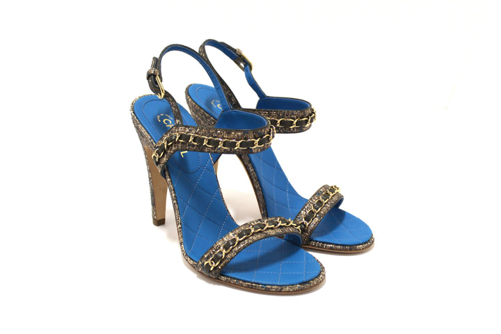 NEW Top Quality Chanel Blue Leather and Tweed Chain Strap Sandal Heel Shoes Size 37