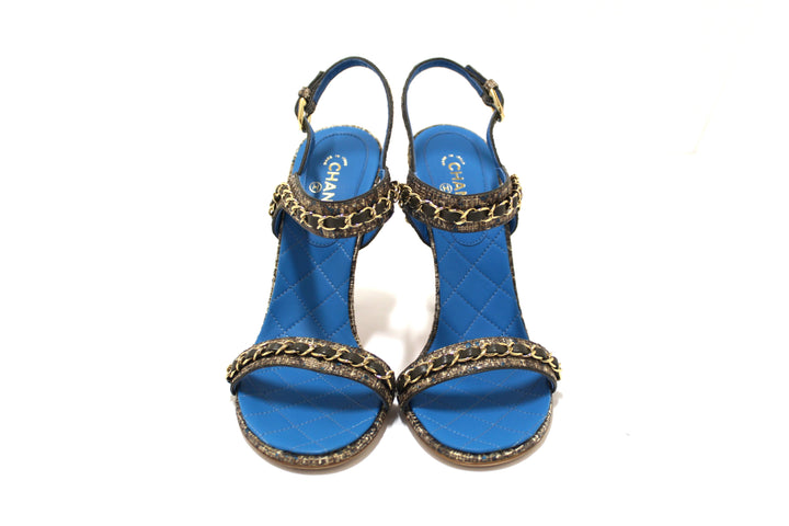 NEW Top Quality Chanel Blue Leather and Tweed Chain Strap Sandal Heel Shoes Size 37