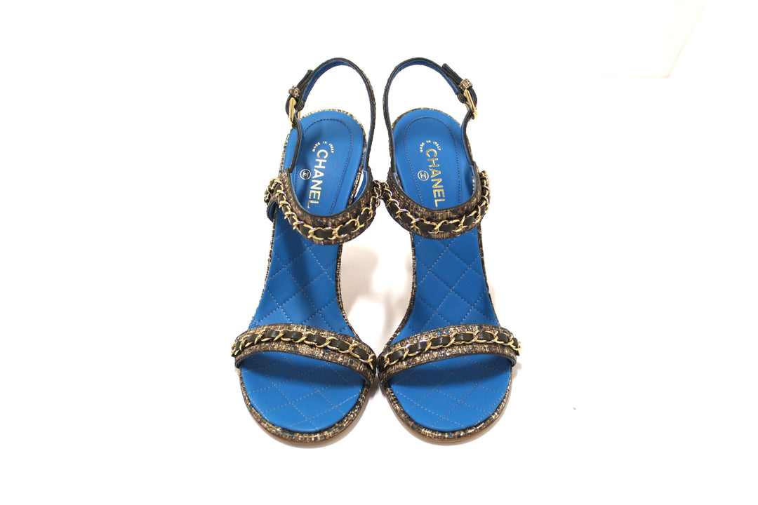 NEW Top Quality Chanel Blue Leather and Tweed Chain Strap Sandal Heel Shoes Size 37
