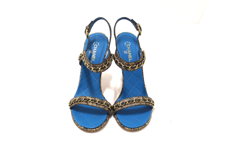 NEW Top Quality Chanel Blue Leather and Tweed Chain Strap Sandal Heel Shoes Size 37