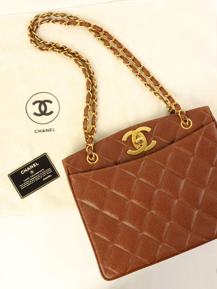 Chanel Around 1995 Made Caviar Skin Turn-Lock Chain Tote Bag Brown