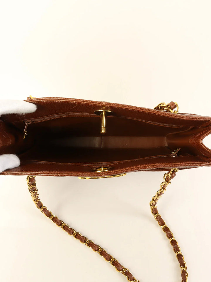 Chanel Around 1995 Made Caviar Skin Turn-Lock Chain Tote Bag Brown