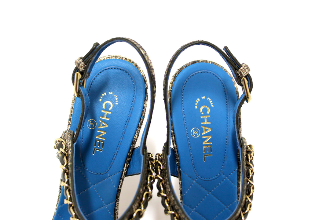 NEW Top Quality Chanel Blue Leather and Tweed Chain Strap Sandal Heel Shoes Size 37