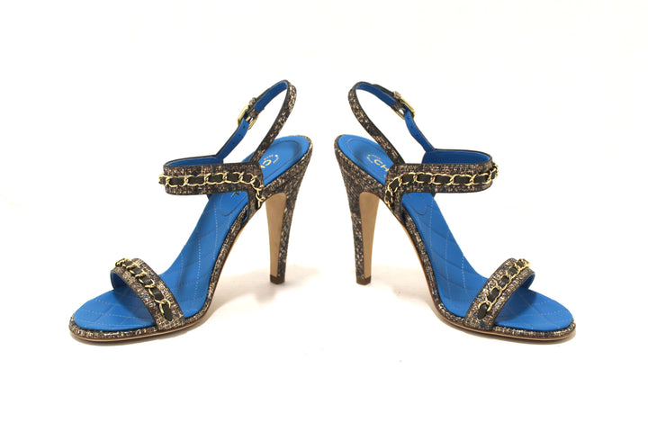NEW Top Quality Chanel Blue Leather and Tweed Chain Strap Sandal Heel Shoes Size 37