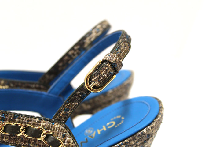 NEW Top Quality Chanel Blue Leather and Tweed Chain Strap Sandal Heel Shoes Size 37