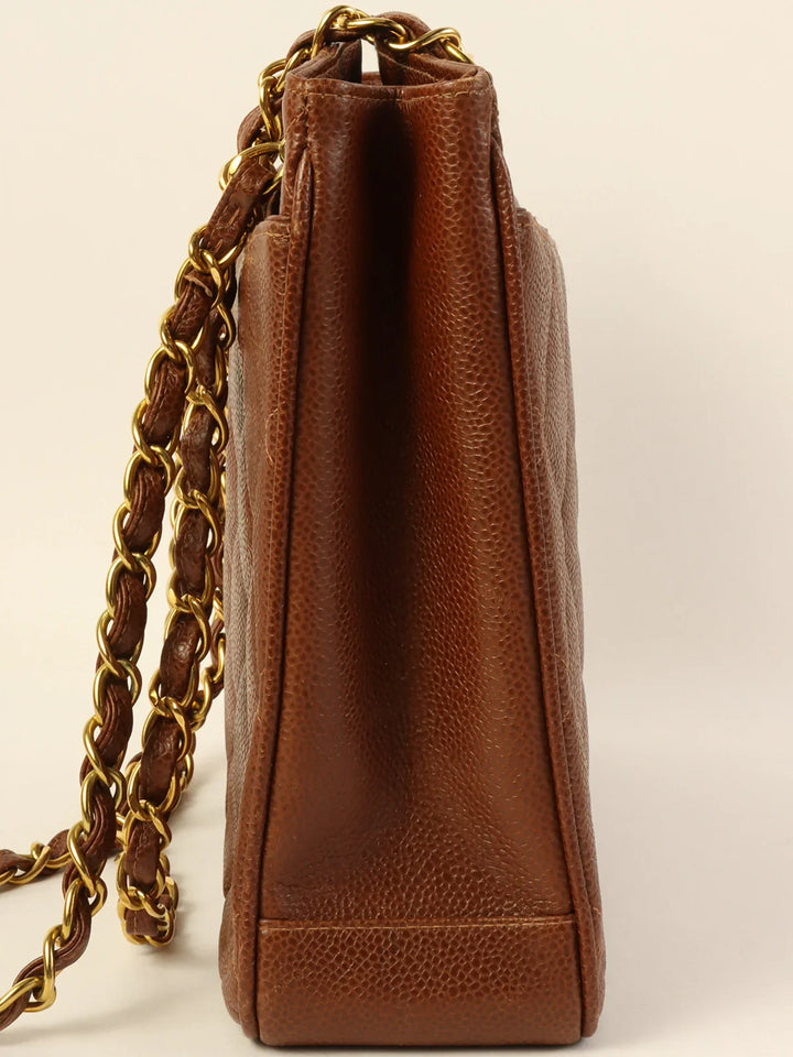 Chanel Around 1995 Made Caviar Skin Turn-Lock Chain Tote Bag Brown