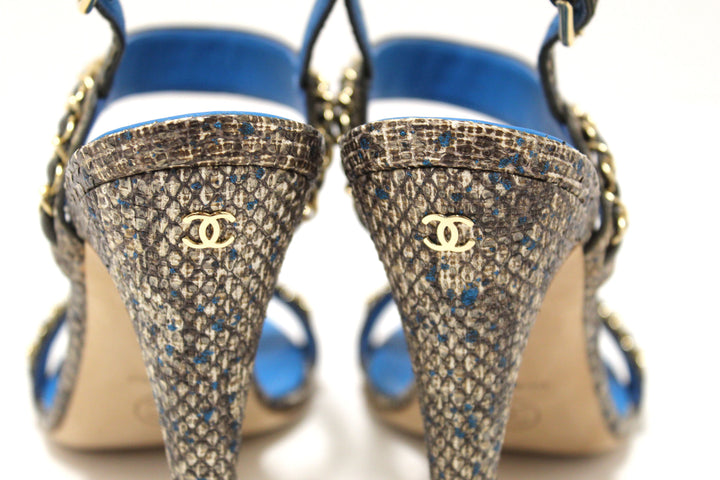 NEW Top Quality Chanel Blue Leather and Tweed Chain Strap Sandal Heel Shoes Size 37