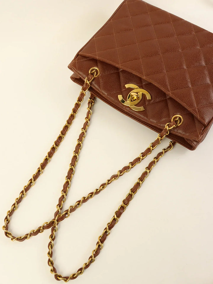 Chanel Around 1995 Made Caviar Skin Turn-Lock Chain Tote Bag Brown
