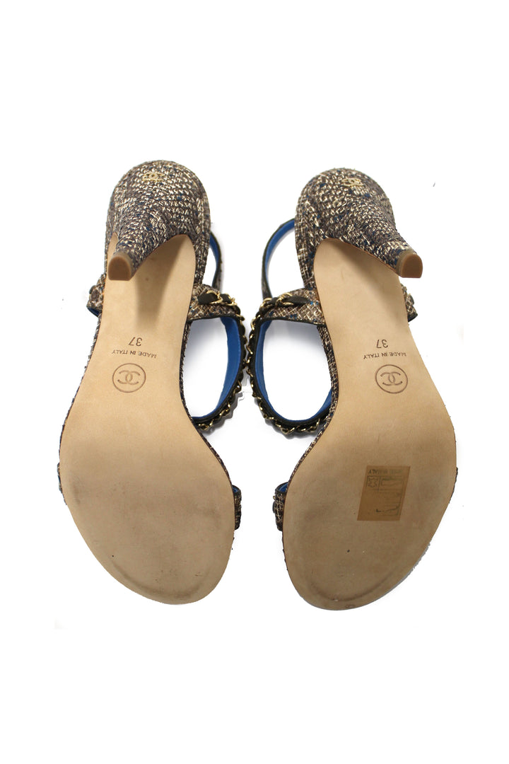 NEW Top Quality Chanel Blue Leather and Tweed Chain Strap Sandal Heel Shoes Size 37