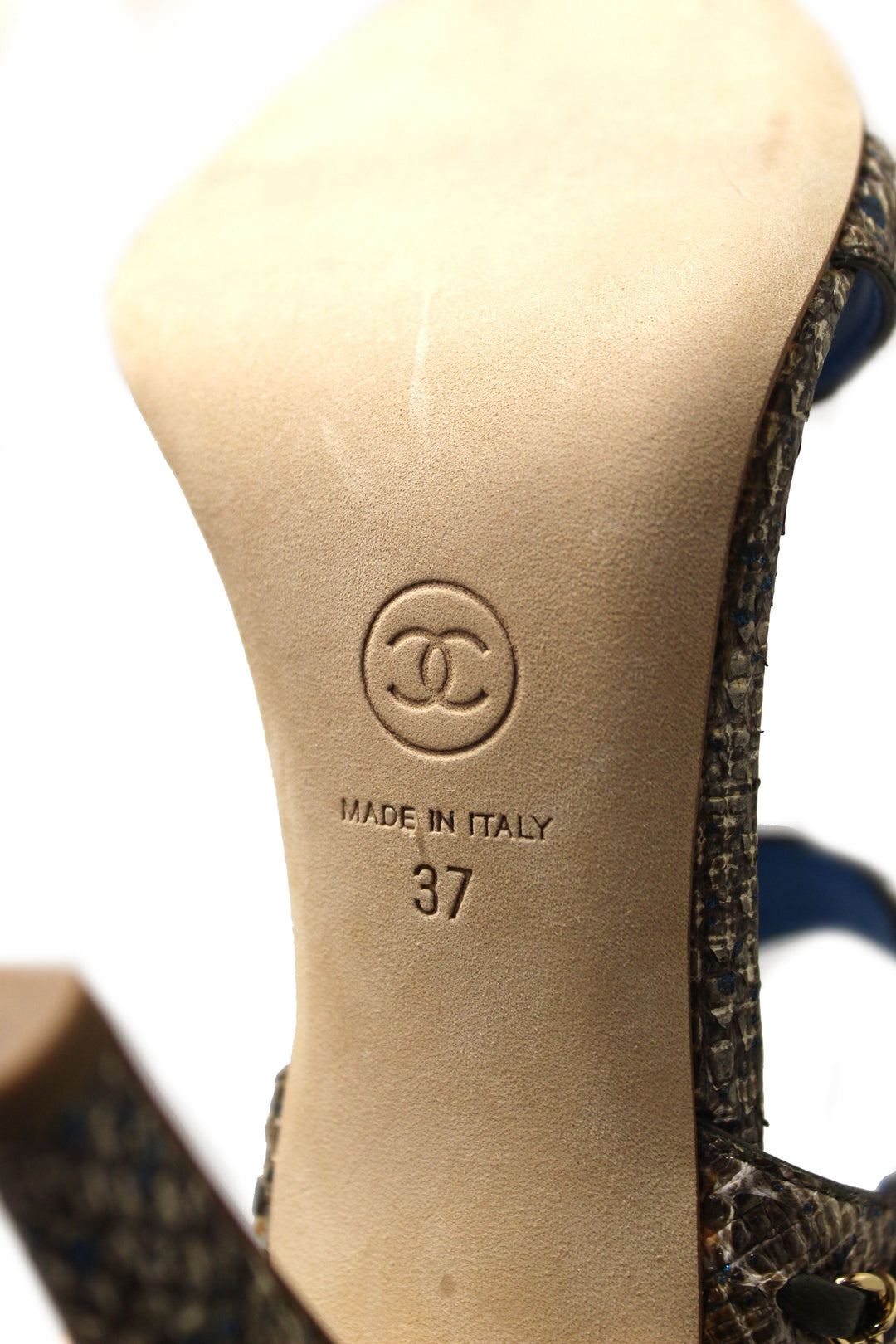 NEW Top Quality Chanel Blue Leather and Tweed Chain Strap Sandal Heel Shoes Size 37