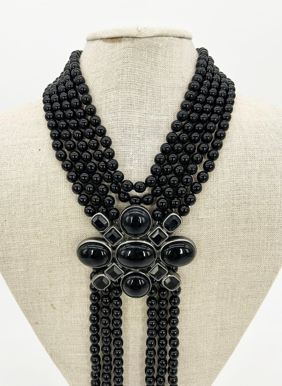Chanel Black Beaded Multi Strand Emblem Necklace