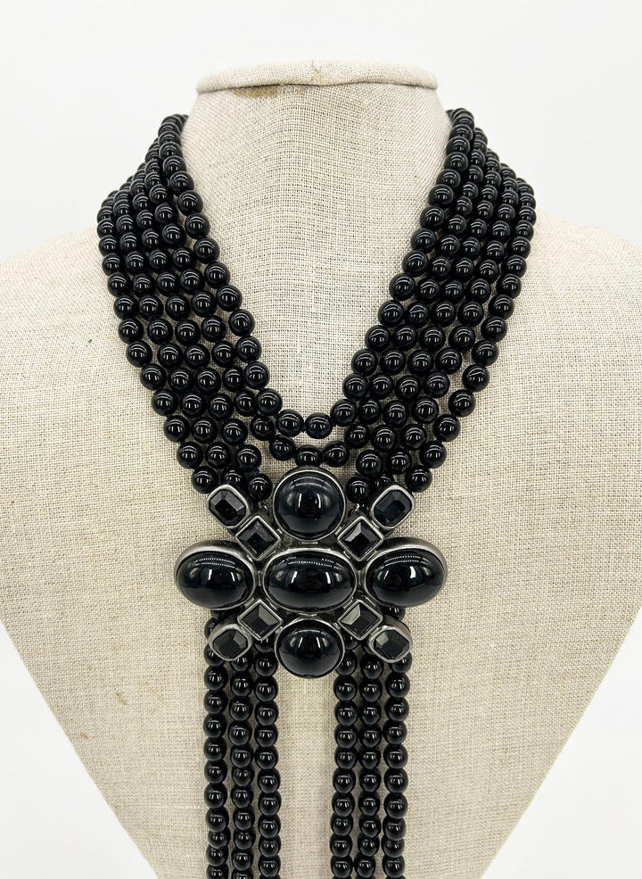 Chanel Black Beaded Multi Strand Emblem Necklace