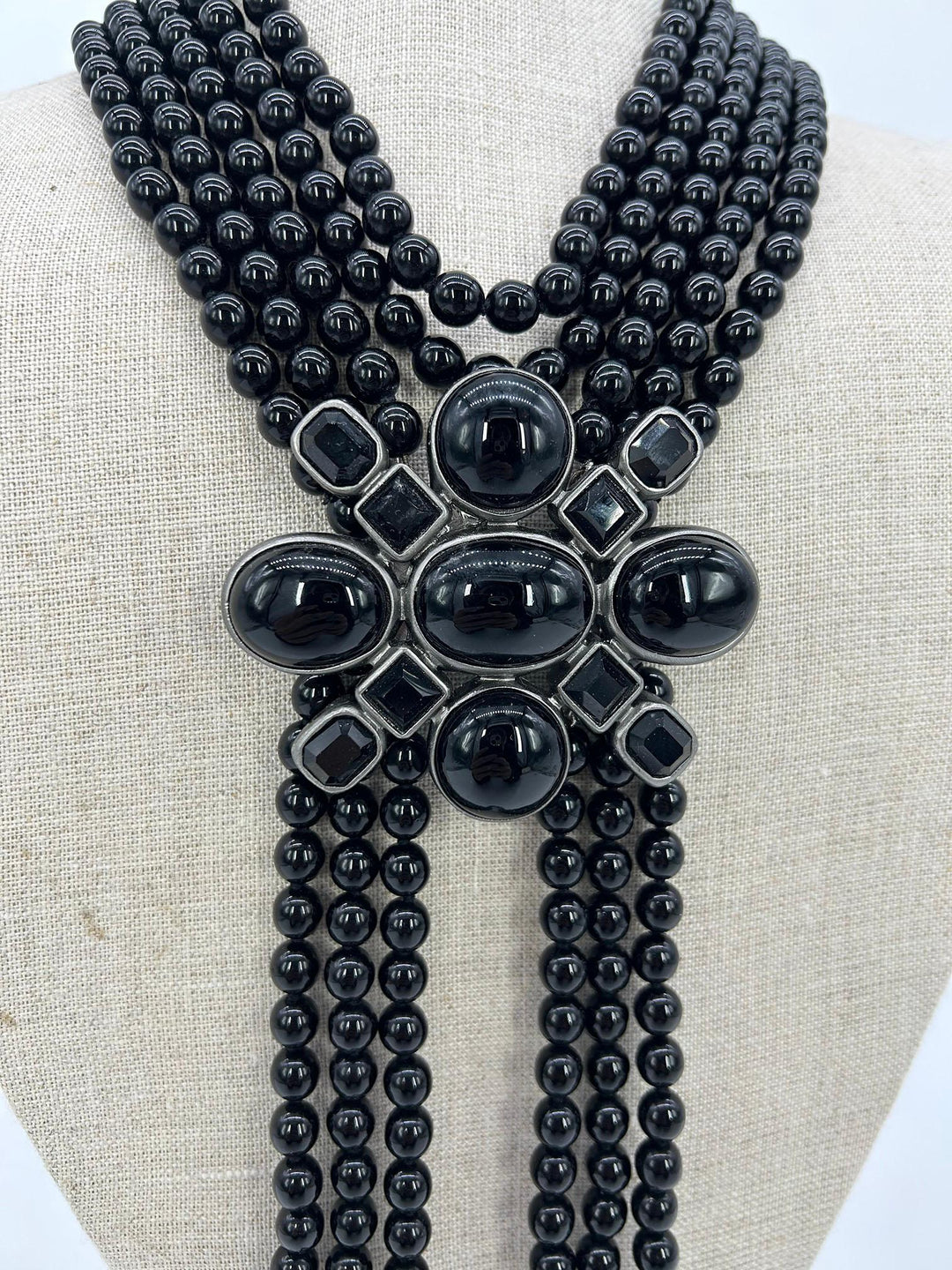 Chanel Black Beaded Multi Strand Emblem Necklace
