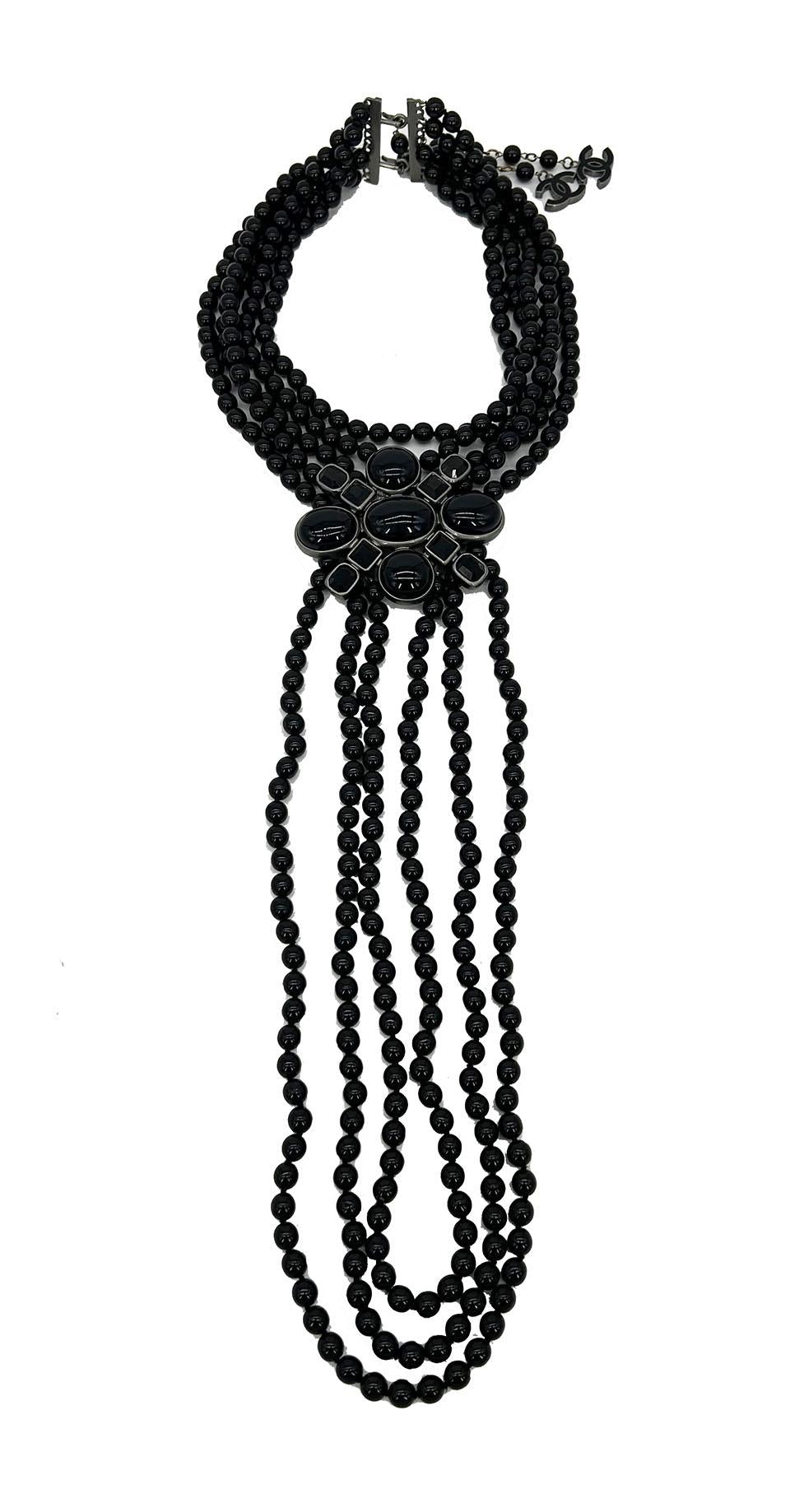 Chanel Black Beaded Multi Strand Emblem Necklace