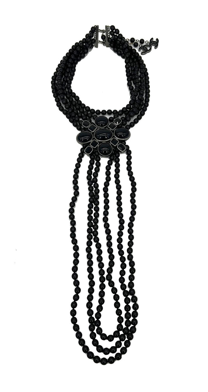 Chanel Black Beaded Multi Strand Emblem Necklace