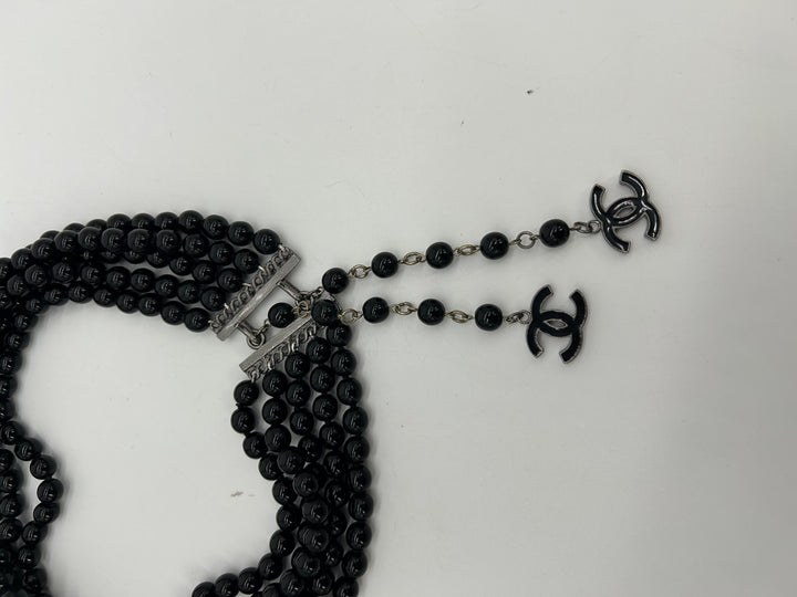 Chanel Black Beaded Multi Strand Emblem Necklace
