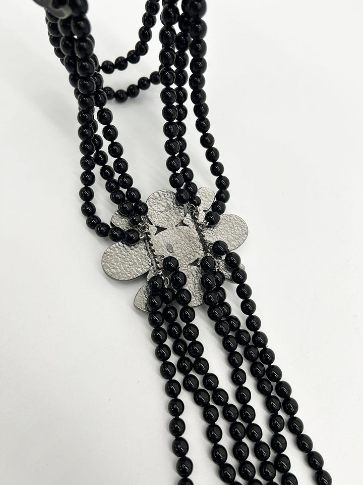 Chanel Black Beaded Multi Strand Emblem Necklace