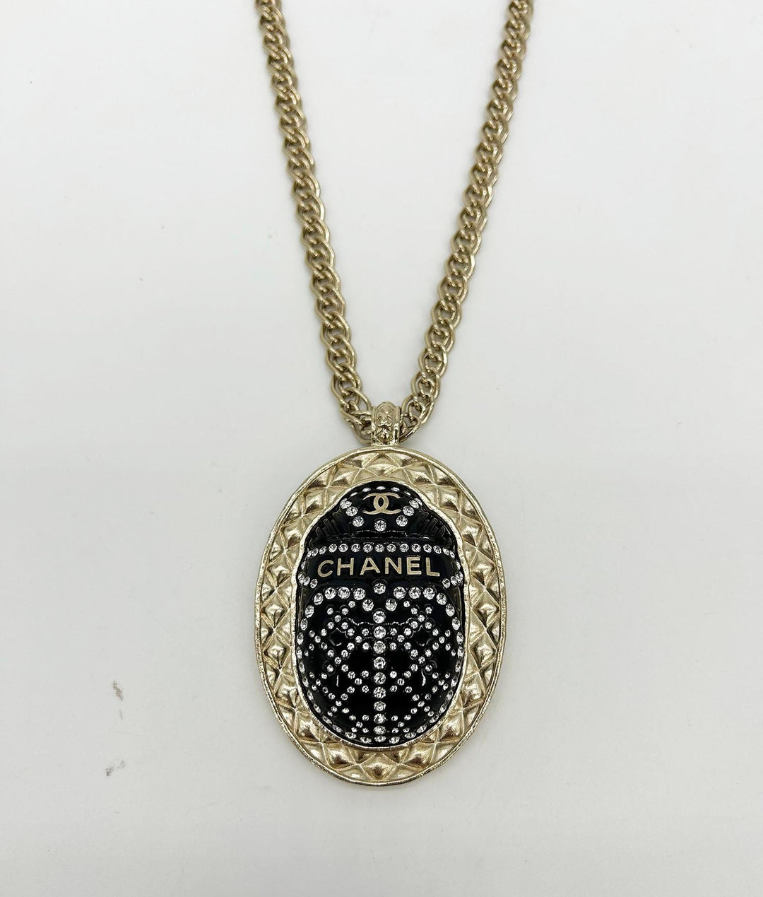 Chanel Black Rhinestone Egyptian Scarab Necklace