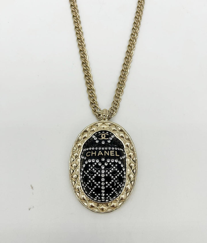 Chanel Black Rhinestone Egyptian Scarab Necklace