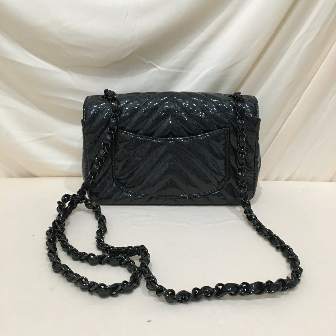 Chanel Black Chevron Patent Black Hardware Single New Shoulder Bag Sku# 75886