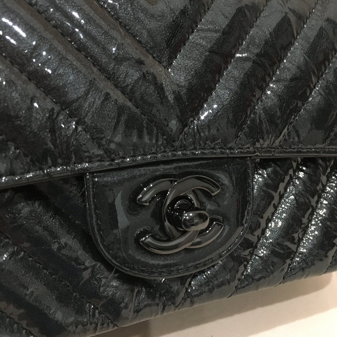 Chanel Black Chevron Patent Black Hardware Single New Shoulder Bag Sku# 75886
