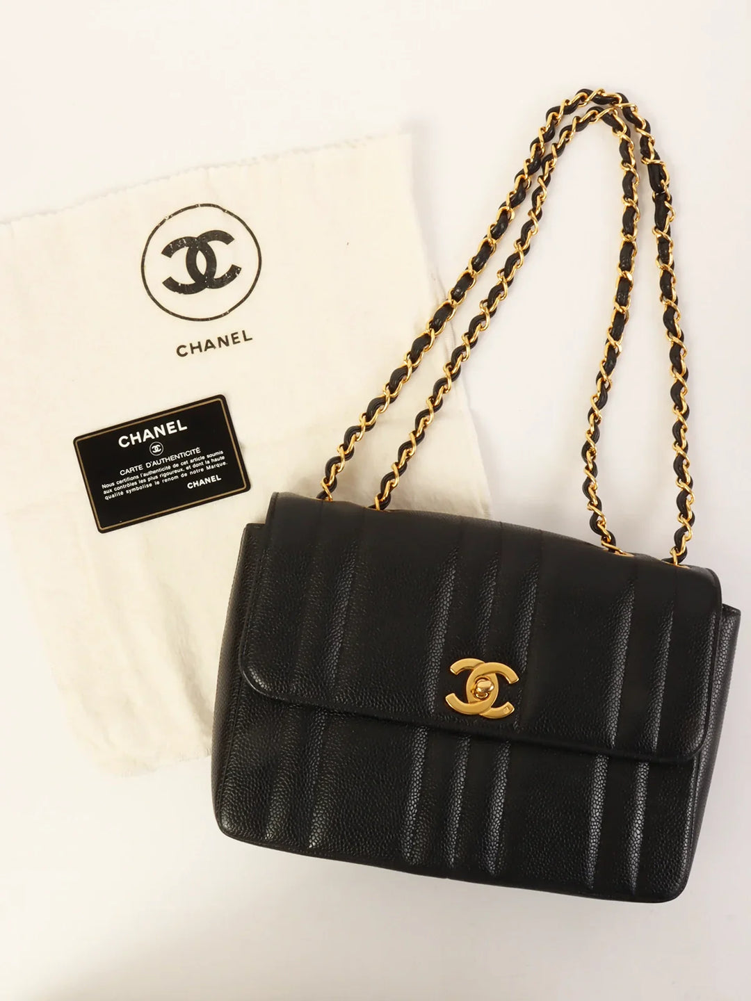 Chanel Around 1995 Made Caviar Skin Mademoiselle Stitch Turn-Lock Chain Bag Black