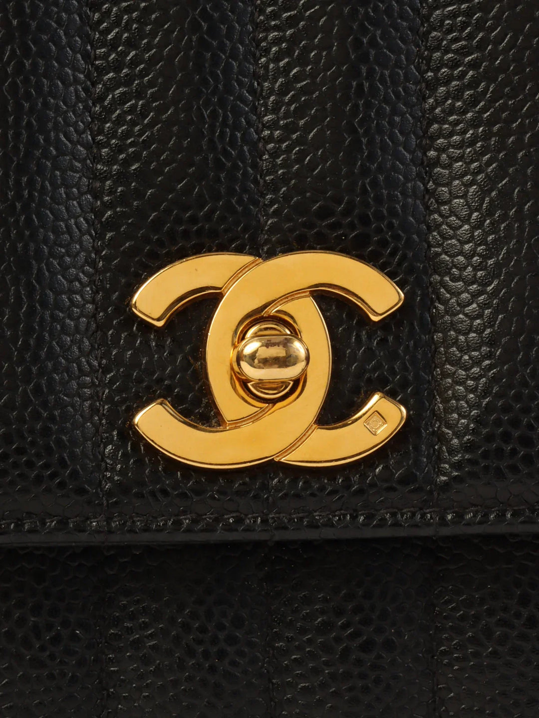Chanel Around 1995 Made Caviar Skin Mademoiselle Stitch Turn-Lock Chain Bag Black