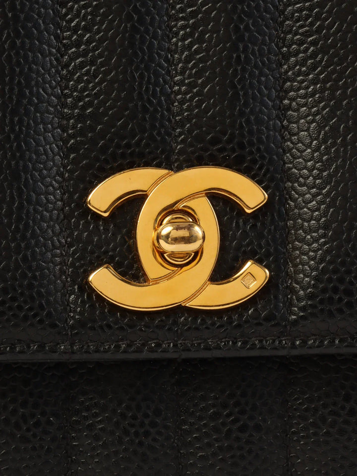 Chanel Around 1995 Made Caviar Skin Mademoiselle Stitch Turn-Lock Chain Bag Black