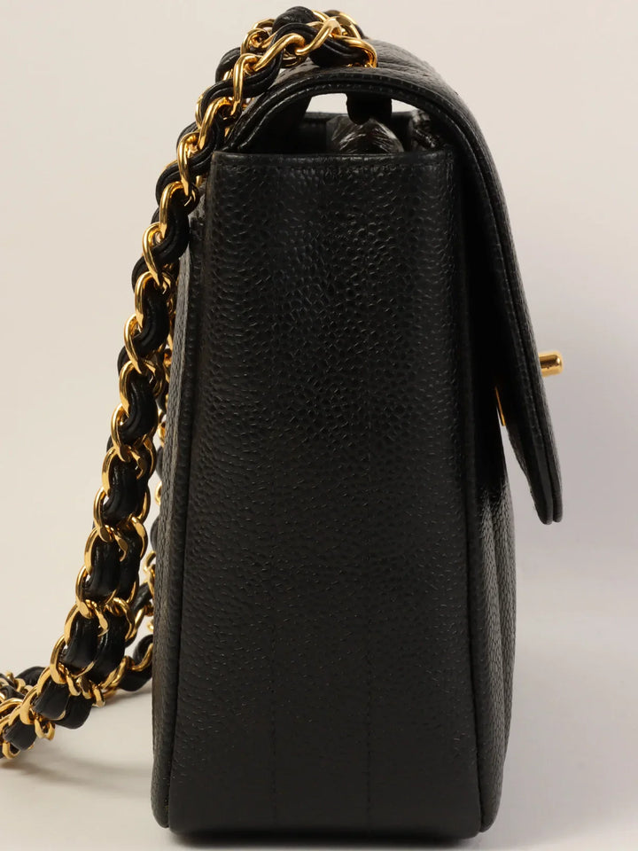Chanel Around 1995 Made Caviar Skin Mademoiselle Stitch Turn-Lock Chain Bag Black