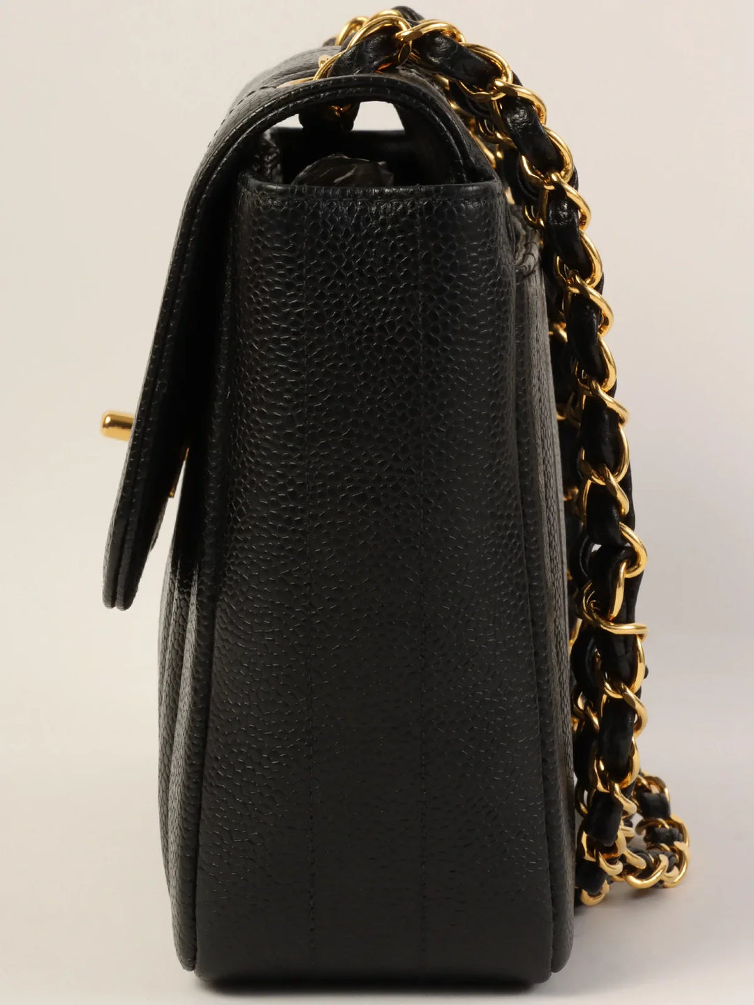 Chanel Around 1995 Made Caviar Skin Mademoiselle Stitch Turn-Lock Chain Bag Black