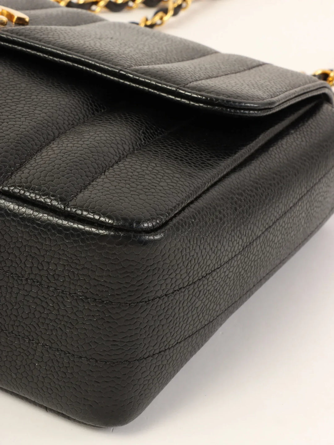Chanel Around 1995 Made Caviar Skin Mademoiselle Stitch Turn-Lock Chain Bag Black