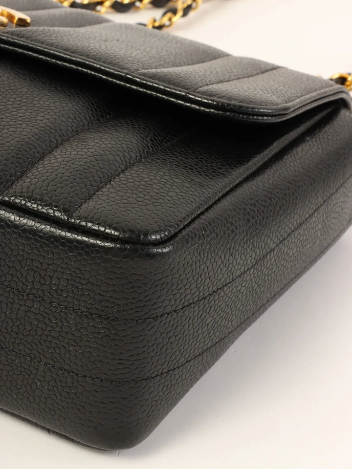 Chanel Around 1995 Made Caviar Skin Mademoiselle Stitch Turn-Lock Chain Bag Black