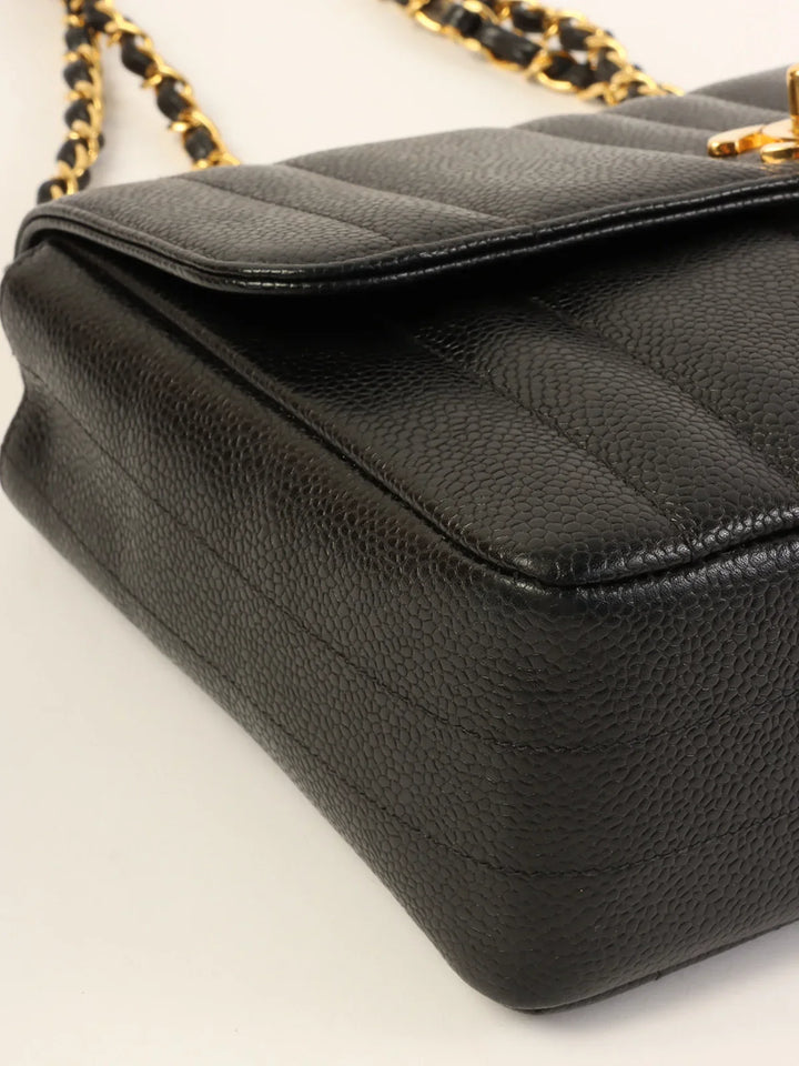 Chanel Around 1995 Made Caviar Skin Mademoiselle Stitch Turn-Lock Chain Bag Black