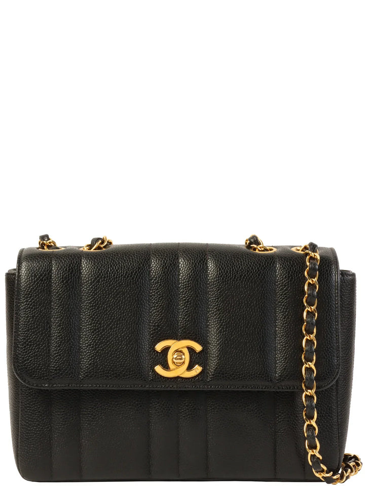 Chanel Around 1995 Made Caviar Skin Mademoiselle Stitch Turn-Lock Chain Bag Black