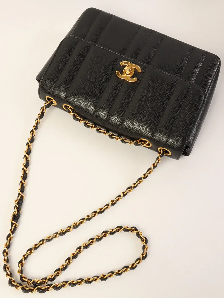Chanel Around 1995 Made Caviar Skin Mademoiselle Stitch Turn-Lock Chain Bag Black